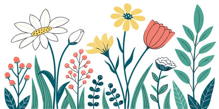 A charming collection of hand-drawn flowers and leaves, isolated on a transparent background.のイラスト素材