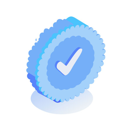 A blue check mark badge in isometric view. The transparent background is useful for designers. This image features check mark, badge, blue, isometric, icon.のイラスト素材