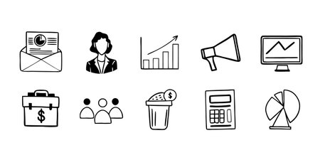 This image features business, finance, icon, icons, set, hand drawn, doodle, sketch. Hand Drawn Business and Finance Icons Set in Black and White on Transparent Backgroundのイラスト素材