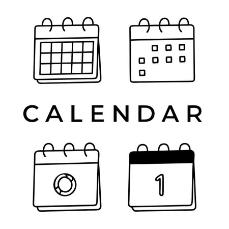 This image features four calendar icons with the word calendar in the middle. The transparent background is perfect for designers to overlay on projects. This image features calendar, icons, date, schedule, appointment.のイラスト素材
