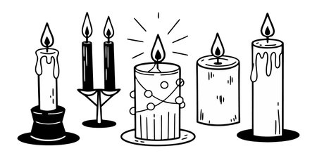 A collection of candle illustrations, showcasing different shapes and sizes, with flickering flames and dripping wax, creating a warm and inviting atmosphere. Isolated.のイラスト素材