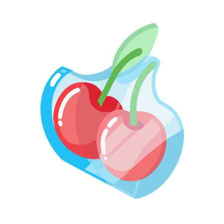Stylized cherries in a blue container. The transparent background makes it easy to integrate into designs.のイラスト素材