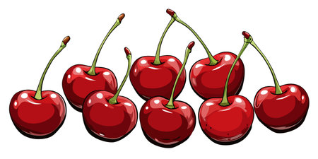 Cartoon style cherries with stems. The transparent background is perfect for graphic design...