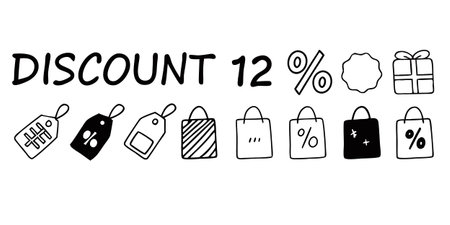 Hand drawn discount twelve percent illustration with shopping bags, tags and gift box. The transparent background is a valuable feature for designers. This image features discount, twelve percent, shopping, bags, tags.のイラスト素材