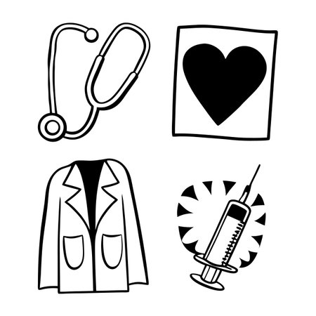 A set of hand-drawn medical icons including a stethoscope, heart, lab coat, and syringe. The transparent background makes it easy for designers to use. This image features medical, icons, doodle, hand drawn, stethoscope.のイラスト素材