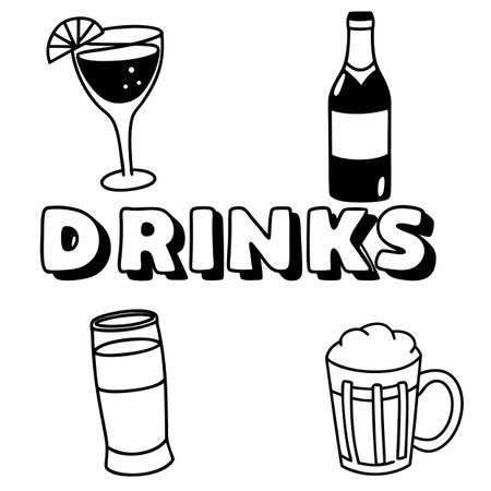 Black and white hand drawn illustration of various drinks including a cocktail, beer, and bottle. The transparent background makes it versatile for design projects. This image features drinks, cocktail, beer, bottle, illustration.のイラスト素材