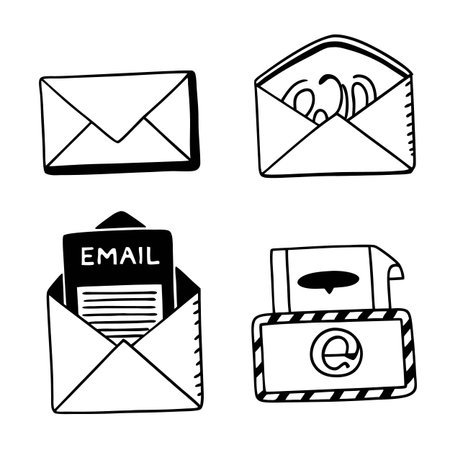 This image features hand-drawn email and message icons in black and white. The transparent background is a valuable feature for designers, allowing for easy integration.のイラスト素材