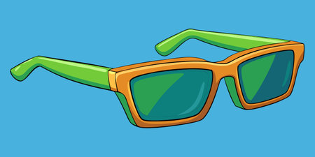 Cartoon style sunglasses illustration with green lenses and orange frame. Transparent background for easy integration into designs.のイラスト素材