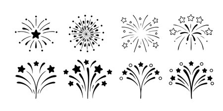 This image features fireworks, firework, celebration, new year, holiday, party, spark, sparkler. Hand Drawn Fireworks Collection in Black and White on Transparent Backgroundのイラスト素材
