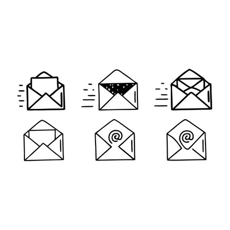 Collection of hand drawn mail icons. The transparent background makes this image easy to use in various design projects. Perfect for adding a personal touch.のイラスト素材