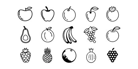 This image features fruit, apple, orange, cherry, banana, grapes, pineapple, pomegranate. Various Hand Drawn Fruits in Black and White Outline Style on Transparent Backgroundのイラスト素材