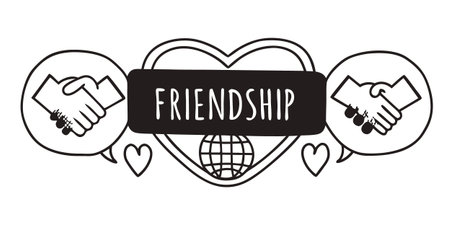 A hand-drawn style friendship graphic featuring hearts, a globe, and the word 'Friendship'. The image has a transparent background, making it easy to integrate into designs.のイラスト素材