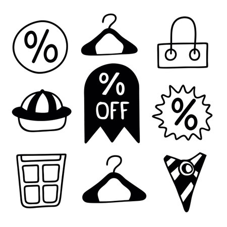 This hand drawn shopping icons set is perfect for any project. The transparent background makes it easy to use for designers. This image features shopping, icons, sale, clothing, hand drawn.のイラスト素材
