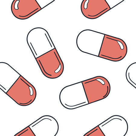 Seamless pattern of red and white pills. The transparent background is valuable for designers to easily incorporate into projects.のイラスト素材