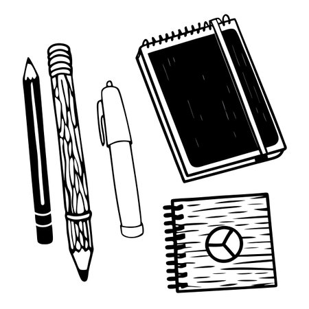 A collection of pencils, pens, and notebooks, perfect for writing, drawing, sketching, and capturing your creative ideas and notes in style.のイラスト素材