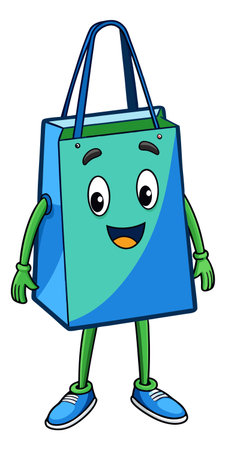 A friendly, cartoon shopping bag with a transparent background, perfect for graphic design and illustration projects.のイラスト素材