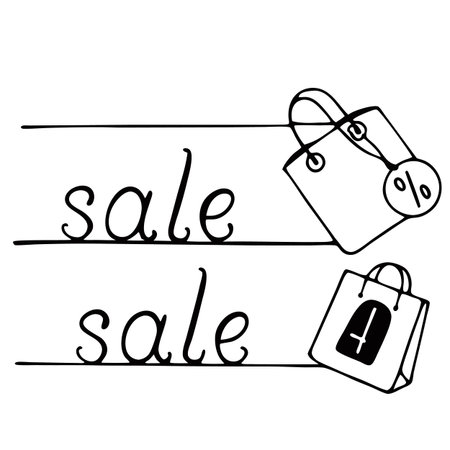 A hand-drawn style sale sign with shopping bags. The black and white design features a transparent background, making it easy to integrate into any project.のイラスト素材