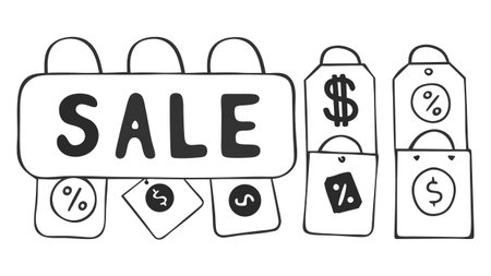 A playful hand-drawn illustration showcasing shopping bags with sale, dollar, and percentage signs. The transparent background makes it versatile for graphic design projects. This image features sale, shopping, bags, dollar, percentage.のイラスト素材
