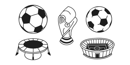 This minimalist soccer icon set features a ball, trophy, stadium, and goal. The transparent background allows for easy integration into various design projects. This image features soccer, football, ball, trophy, stadium.のイラスト素材
