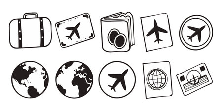 This image features ten travel and vacation icons with airplanes and luggage. They are isolated on a white background, making them perfect for travel related.のイラスト素材