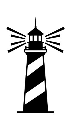 A lighthouse isolated on a white background. The lighthouse is a tall, striped tower with a bright light at the top, used as a beacon for maritime navigation.のイラスト素材