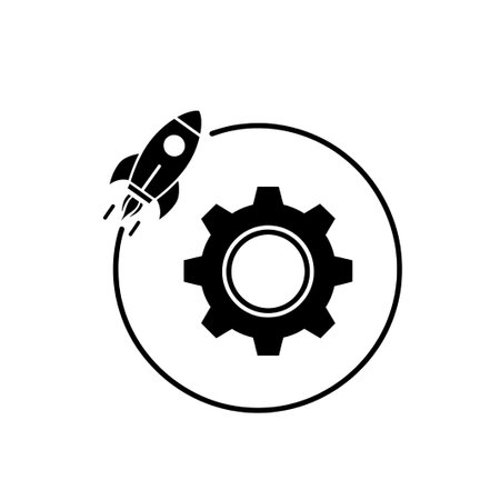 A graphic illustration of a rocket launching around a gear, symbolizing technological innovation, progress, and the dynamic interplay between technology and development.のイラスト素材