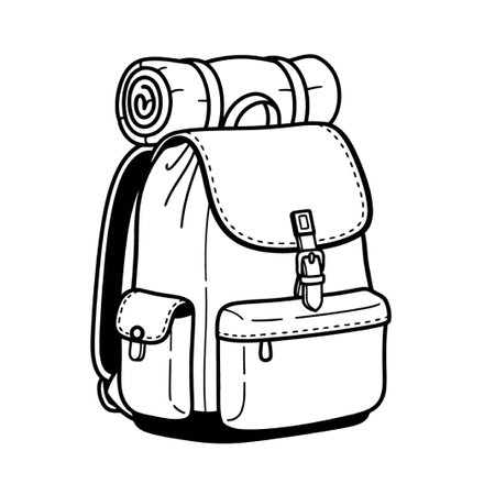 A detailed illustration of a camping backpack, complete with a sleeping bag strapped to the top,...