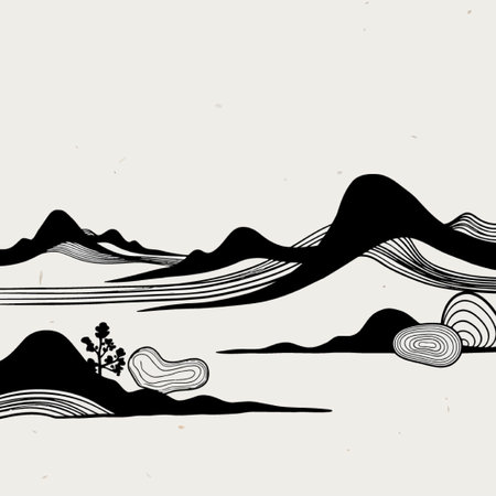 A minimalist mountain landscape illustration featuring black mountains, rocks, and a tree on a white background. The style is simple, clean, and elegant.のイラスト素材