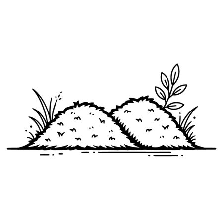 A black and white line drawing of two grassy hills with a small plant growing on one of them, creating a simple and natural landscape illustration.のイラスト素材