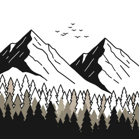 This minimalist illustration captures the serene beauty of a mountain landscape, complete with towering peaks, lush trees, and birds flying in the sky. It is a peaceful scene.のイラスト素材