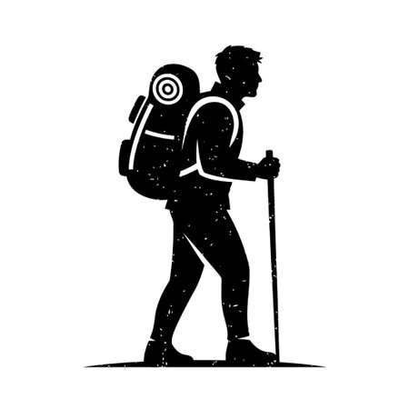 This is a silhouette illustration of a hiker with a backpack and hiking pole. The hiker is walking in the mountains. It is a simple and clean design, perfect for any project.のイラスト素材