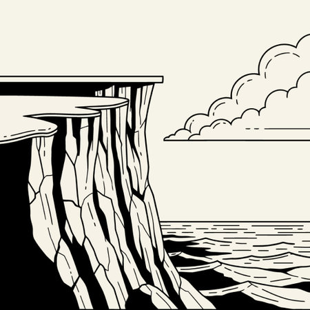 A monochromatic illustration depicts a rocky cliffside overlooking the sea, with clouds in the sky. The scene evokes a sense of tranquility and natural beauty.のイラスト素材