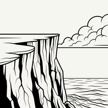 A stunning cliffside view with the ocean stretching out to the horizon. The rugged cliffs meet the sea, creating a dramatic contrast. The sky is clear and blue.のイラスト素材