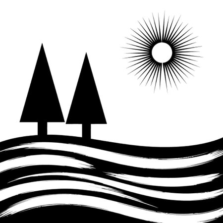 This minimalist landscape captures the essence of nature with stylized trees, a radiant sun, and a flowing river, creating a serene and peaceful atmosphere.のイラスト素材