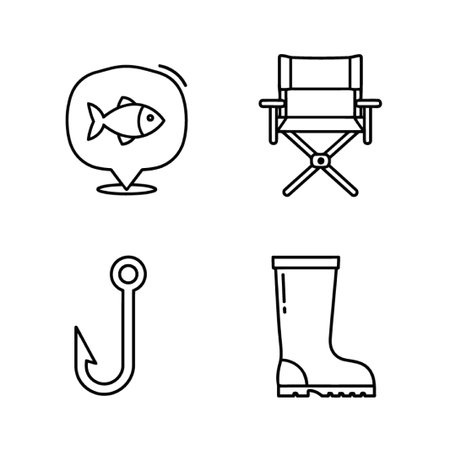This image showcases fishing equipment icons, including a chair, hook, and rubber boot. Perfect for fishing enthusiasts and outdoor adventurers. Get ready for a great day.のイラスト素材