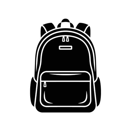 This is a black and white illustration of a backpack. The backpack is simple and stylish, perfect for school, travel, or everyday use. It is isolated on white.のイラスト素材