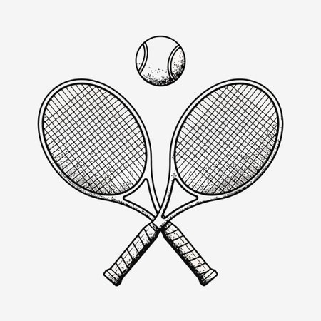 This is a vintage-style illustration of two tennis rackets crossed with a tennis ball floating above. The design is hand-drawn and features a black and white color scheme.のイラスト素材