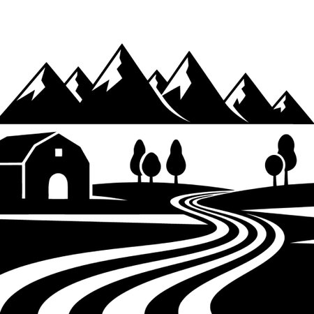 This is an illustration of a landscape with mountains, a barn, and a road, representing nature, rural life, and scenic beauty in a simple and clean design.のイラスト素材