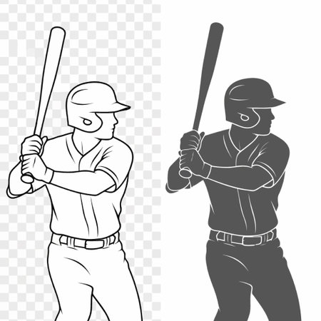 This image shows a baseball player in uniform, holding a bat and ready to swing. It is a vector illustration with a transparent background, suitable for sports designs.のイラスト素材