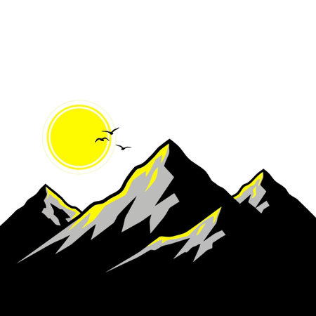 A minimalist mountain landscape featuring a bright sun and birds in flight, ideal for travel blogs, nature-themed projects, or outdoor adventure designs.のイラスト素材
