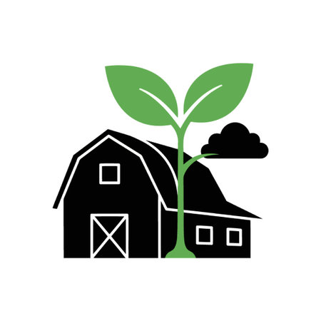A simple illustration of a barn with a plant growing in front of it, symbolizing agriculture, growth, and nature. The design is clean and minimalist in style.のイラスト素材