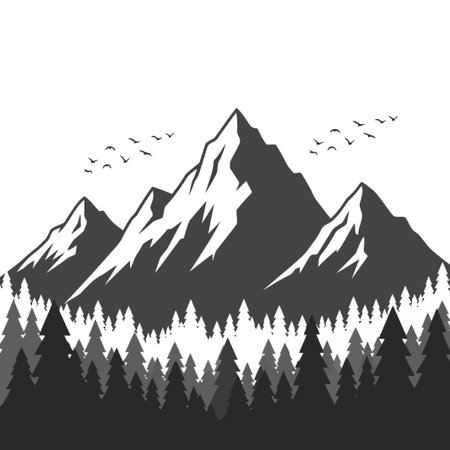 A stunning landscape featuring a mountain range with a dense forest at its base and birds flying above. The design is in black and white, creating a dramatic scene.のイラスト素材