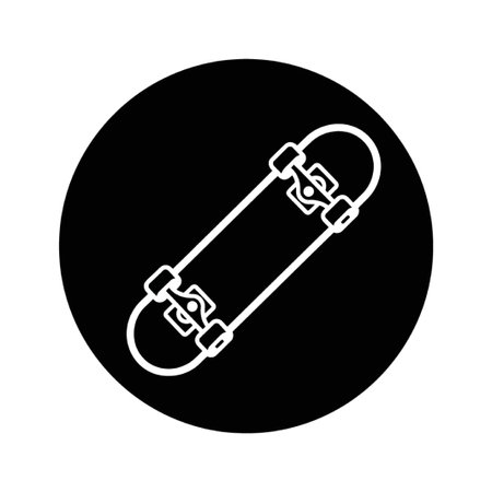 This image features a simple skateboard illustration. The skateboard is outlined in white against a black background, creating a striking contrast. The design is clean.のイラスト素材
