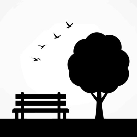 A tranquil park scene featuring a silhouette of a tree, a bench, and birds in flight, creating a peaceful and relaxing atmosphere. Ideal for contemplation.のイラスト素材