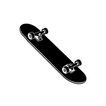 A sleek black skateboard with its trucks and wheels is displayed in this image. The skateboard is ready for a ride and is isolated on a white background.のイラスト素材