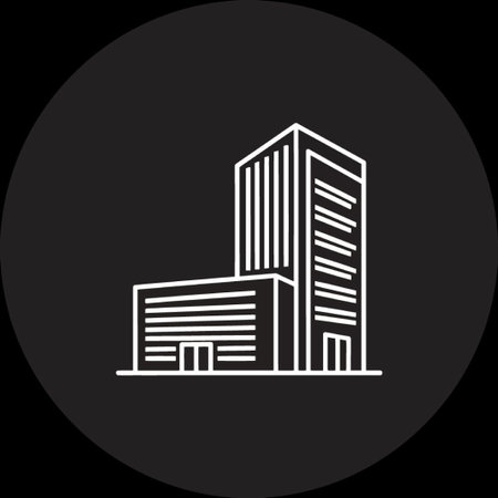 A white office building on a black background symbolizes corporate business and urban architecture. It represents commercial activity, modern design, and city life.のイラスト素材