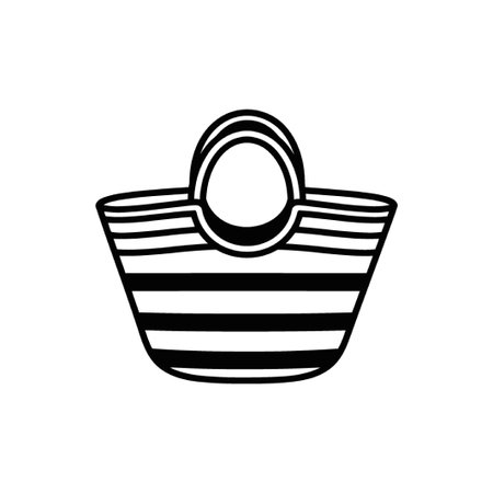 A black and white illustration of a striped beach bag, perfect for carrying essentials during summer vacations, shopping trips, or casual outings.のイラスト素材