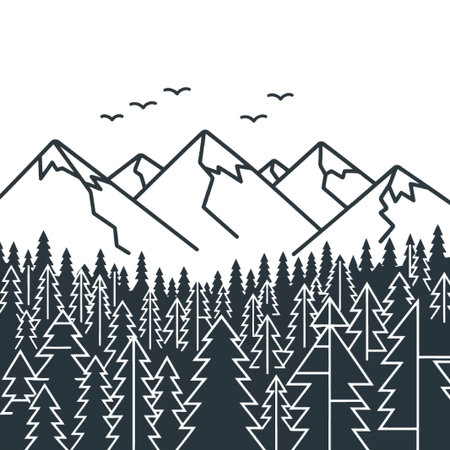 A detailed illustration of mountains and a forest with birds flying above. The mountains are jagged and the forest is dense. The birds are flying in formation.のイラスト素材