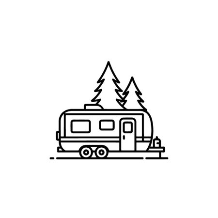 A clean, minimalist illustration of a camper trailer parked with two pine trees in the backdrop, set against a white background. The image suggests outdoor adventure.のイラスト素材