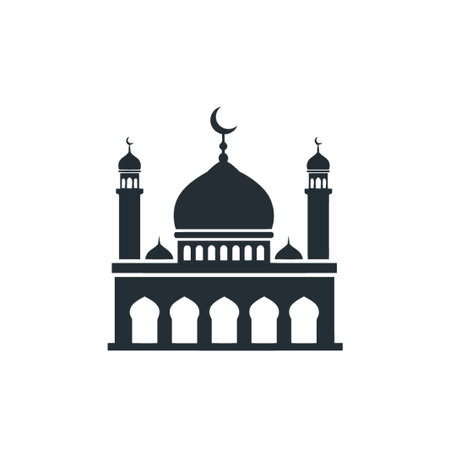 This silhouette depicts a mosque, an Islamic place of worship, featuring domes, minarets, and a crescent moon. It represents Islamic architecture and religious symbolism.のイラスト素材